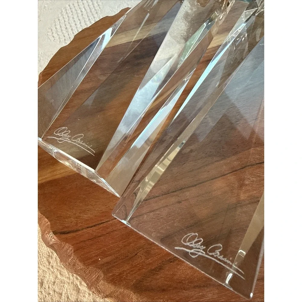 Oleg Cassini Signed Crystal Glass Prism Rectangular Candlestick Holders (2) 6 in
